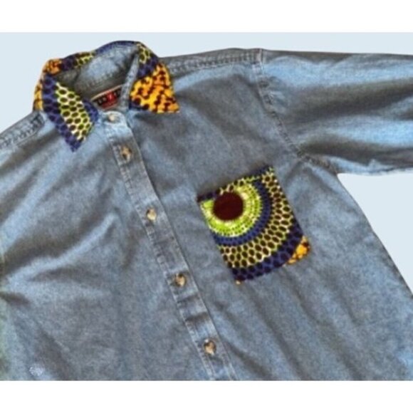 Jerzees Tops - Vintage Jerzees Denim Geometric Print Denim Shirt 90s / Y2K Sz S
